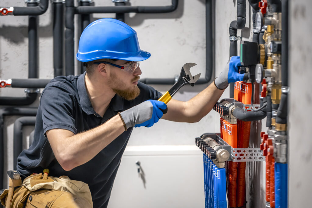 technician checking the heating system as part of the plumbing services